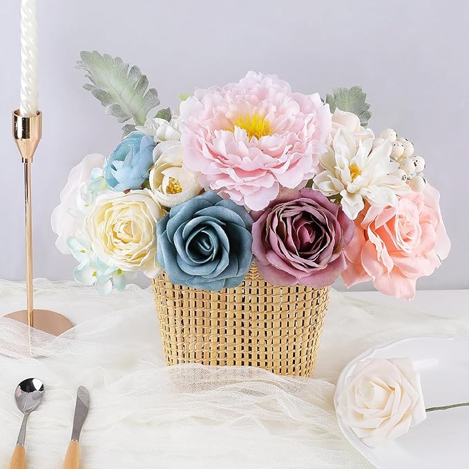 AGIRL Artificial Flowers Combo Silk Pink Roses Fake Flower with Stems for DIY Wedding Bouquets Centerpieces Arrangements Table Chair Decor Baby Shower Home Decor (Blue Pink)