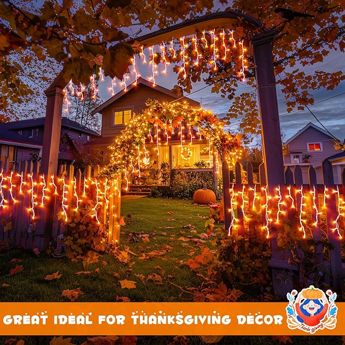 JMEXSUSS 800 LED Thanksgiving Icicle Lights for Outside, Orange Icicle Lights Outdoor with Remote, Thanksgiving String Lights Indoor Plug in for Fireplace Indoor House Roof Thanksgiving Decor