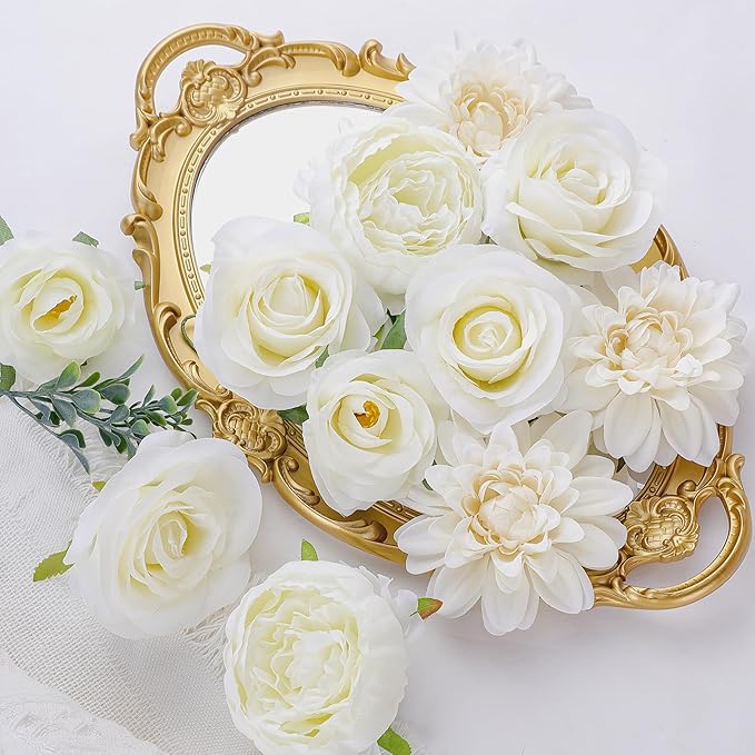 AGIRL Artificial Flowers Combo Fake Flowers Rose Silk Flowers with Stems for DIY Wedding Bouquets Centerpieces Arrangements Table Decor Bridal Baby Shower Party Home Decor (Cream White)