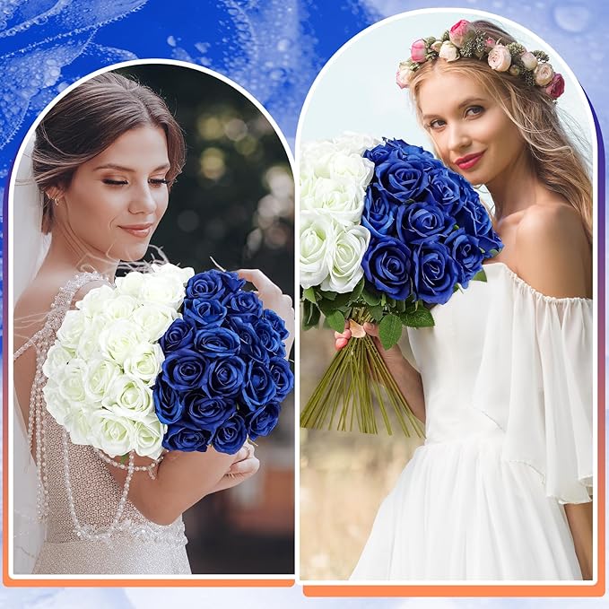 36 Pcs Silk Blue White Rose Bouquet Bridal Artificial Flowers,Fake Rose Long Stem Realistic Flowers Bulk for Wedding Bouquet Ball Arrangement Centerpiece Party Decor