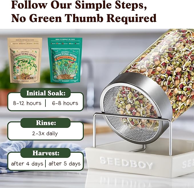 Seedboy Organic Sprouting Seeds Variety Pack - Two 8oz Bag Bundle - Superfood & Protein Blends, Non-GMO, USA-Grown Microgreens Mix, Makes 12 Quarts of Sprouts (36 Servings) (Superfood/Protein)