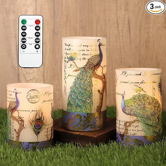Flameless Peacock Battery Operated Candles With Remote - Flickering Pillar Real Wax LED Vintage Home Decor for Spring, Wedding, Mother's Day Gifts