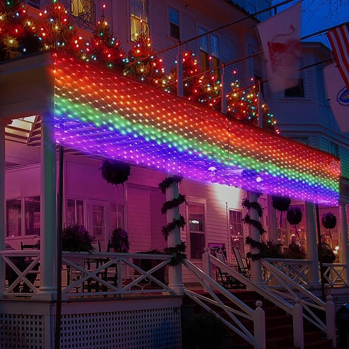 LGBTQ Pride Flag Outdoor 6.6 x 3.3 Foot, 8 Modes Rainbow String Lights with 384 Super Bright LED, Vivid Colors Waterproof Pride Decorations, Progress Pride Flag for Pride Month, Room, Party and Yard