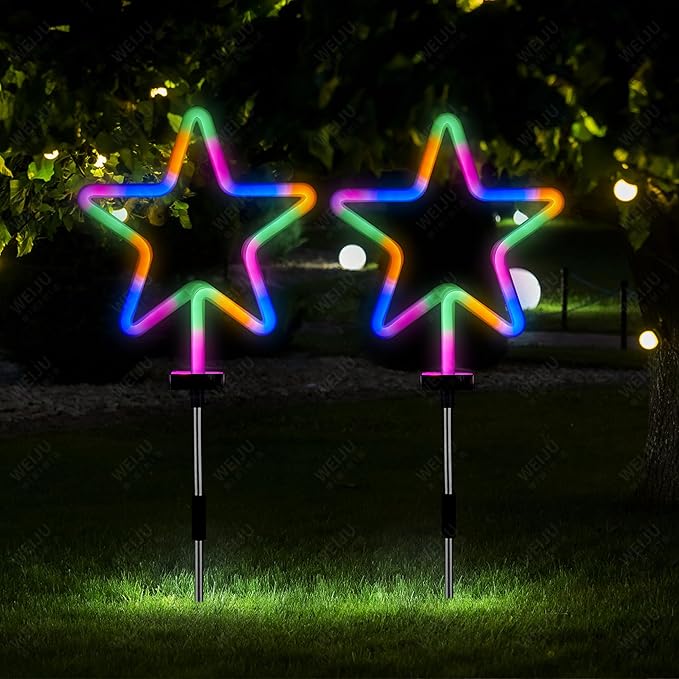 BlcTec Christmas Decorations Outdoor, 4PCS Neon Christmas Star String Lights with Stainless Steel Stakes, Waterproof Star Christmas Lights for Garden, Patio, Yard, Lawn, Pathway Xmas Décor, Multicolor