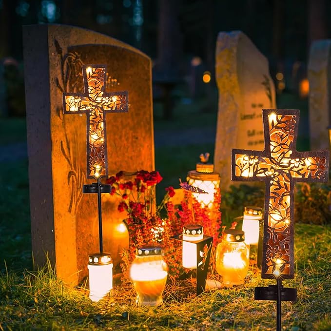 HUYIENO Solar Cross Garden Stake Lights 38inch Metal Outdoor Waterproof Memorial Garden Decor 2 Lighting Modes Cemetery Decorations for Grave for Remembrance Gifts & Sympathy Gifts