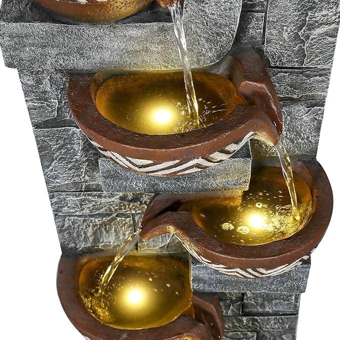 56.6in High Outdoor Indoor Water Fountain, 6-Tiered Poly-Resin Waterfall Fountain with LED Lights, Decorative Floor Standing Fountain for Garden, Patio, Yard, Home Decor