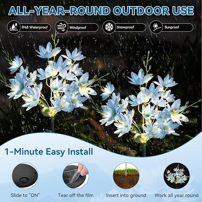 Neporal Solar Flowers Outdoor Waterproof IP65, 5-Head Snow Lotus with 20+ Flowers, Warm LED Light & 2 Lighting Modes, Decorative Solar Lights Outdoor Garden, Yard, Pathway, Flower Bed (2-Pack, Blue)