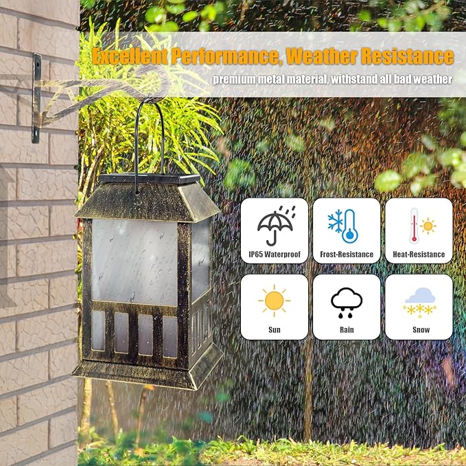 Solar Lanterns Outdoor Waterproof, 3D Star Light with Flashing Mode, Solar & USB C Charging, Metal Hanging Lantern for Wall Landscape Yard Patio Driveway Garden Decor, Warm Light 2 Pack