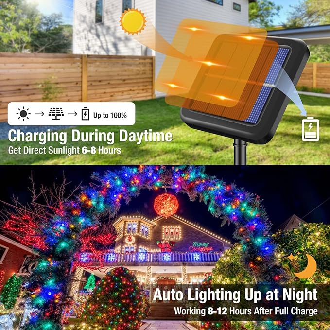 btfarm Solar String Lights Outdoor, 120LED 39Ft Solar Christmas Lights Outside Waterproof, 8 Modes Tree Twinkle Light Solar Powered for Garden Yard Patio Party Decoration,Colorful