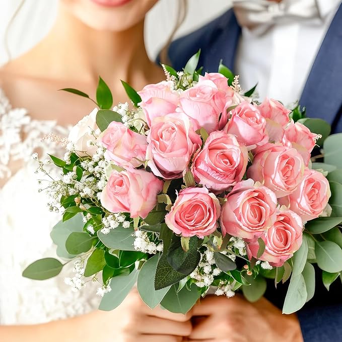 12Pcs Realistic Fake Light Pink Roses Faux Flowers with Long Stems, Artificial Silk Rose Flowers for Valentines Day Home Wedding Decor Bridal Bouquet