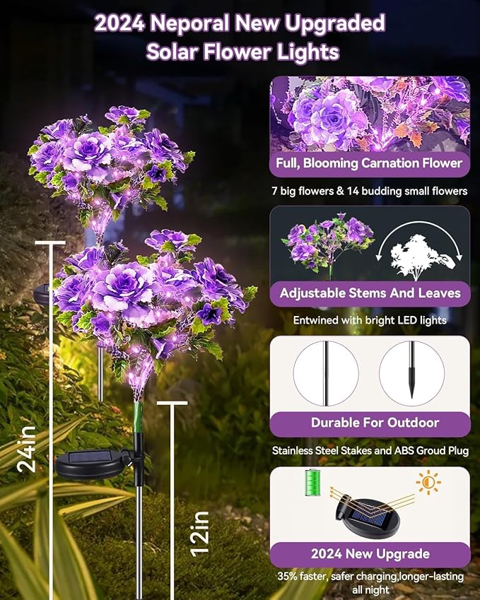 Neporal Solar Flowers Outdoor Waterproof IP65, 7-Stems Purple Carnation Solar Lights Outdoor Garden Decorative, Bigger Panel for Outdoor Garden, Yard, Patio, Outdoor Decoration, 6PK