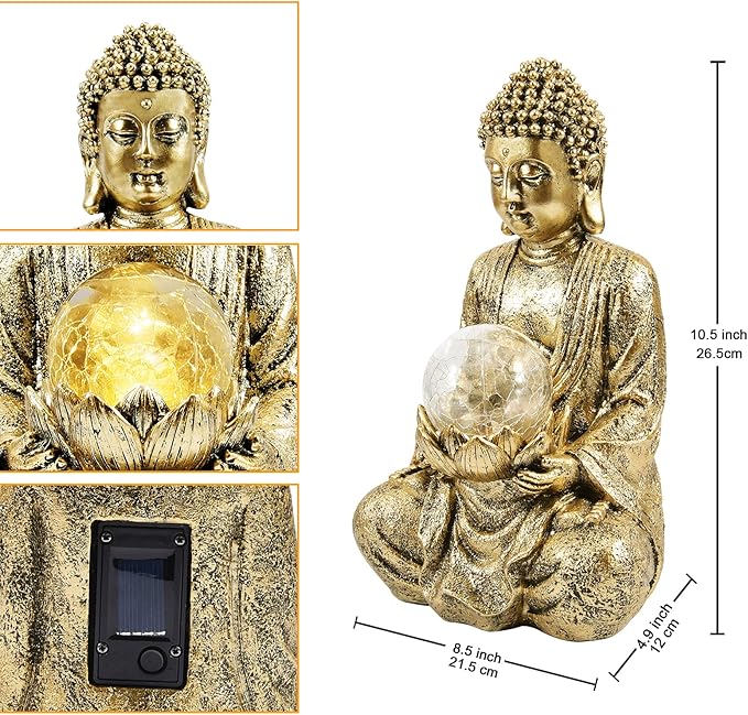 Nacome Meditating Buddha Statue with Solar Light,Zen Solar Garden Buddha with Cracked Glass Ball Sculpture-Indoor/Outdoor Decor for Balcony,Garden,Patio,Porch Yard Art Ornament,10.5 inch(Gold)