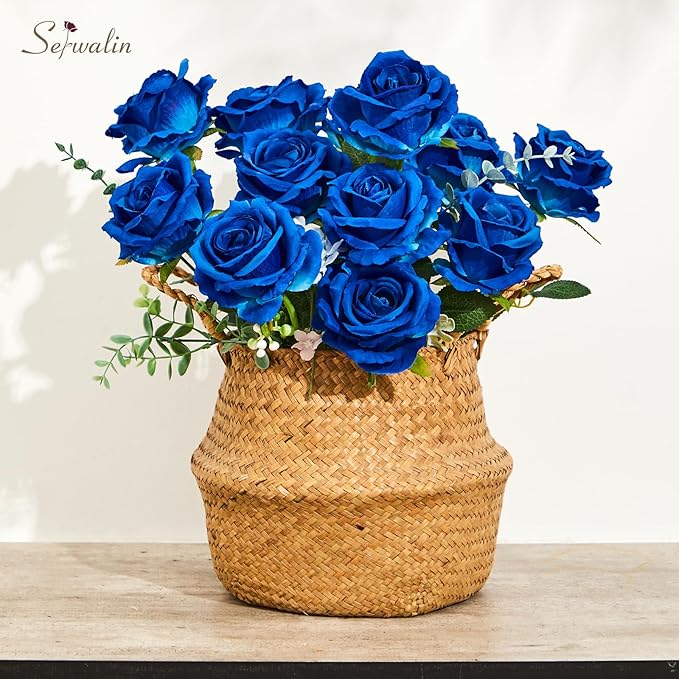 Serwalin 20pcs Artificial Roses, 4'' Big Flower Head, Blue Velvet Roses, Silk Fake Roses Long Stem Bouquet for and Wedding Arrangements Table Centerpiece