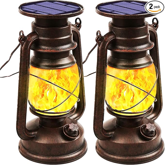 Richday Solar Lantern Outdoor Hanging, LED Vintage Flame Lantern,Solar Lights Dancing Flame,Waterproof Camping Lamps,Outdoor Indoor Decoration for for Table Patio Garden Yard Pathway Porch 2 Pack (2)