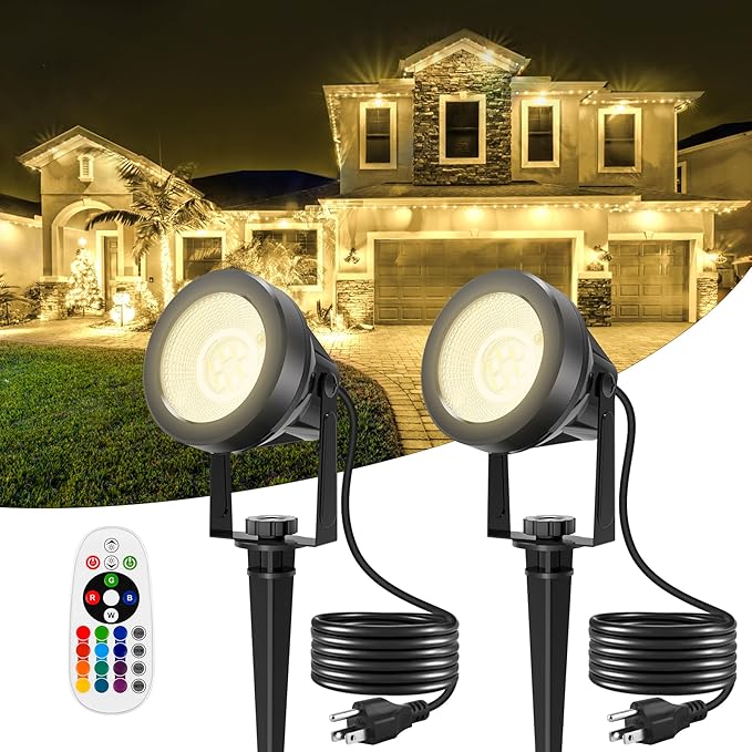 RGB Spotlights Outdoor, LED Color Changing Landscape Lights, Waterproof Spotlight with US Plug for Yard Garden Tree Path House Halloween Christmas Decoration (2 Pack)