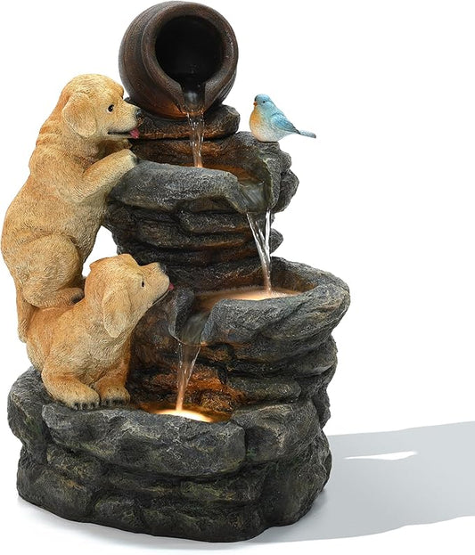 LuxenHome Outdoor Water Fountain, 26 Inch Puppy and Rock Resin Water Fountains Indoor with LED Lights, Farmhouse Waterfall Outdoor, Indoor Fountains and Waterfalls for Patio, Garden Decor
