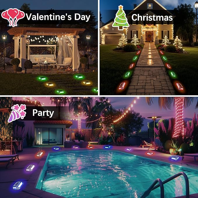 Solar Driveway Lights Dock Deck Lights 2 Pack, 9 Colors in 1, LED Driveway Markers Deck Lights IP68 Waterproof Outdoor Solar Powered Warning Step Lights for Pathway RGB