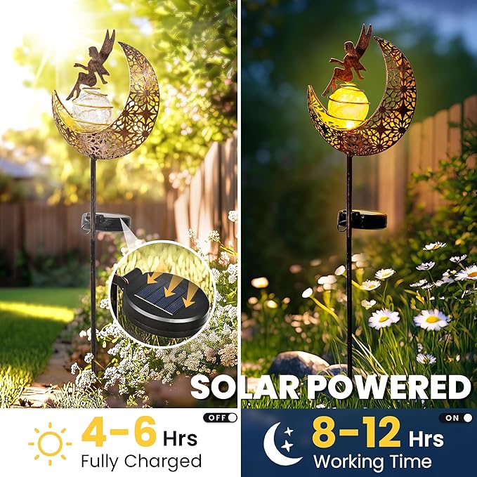 Fairy Moon Solar Lights Outdoor Garden Stakes, Waterproof Metal Decor Gifts for Women Mom, Art Moon Sculpture for Yard, Patio, Garden, Porch, 1 Pack