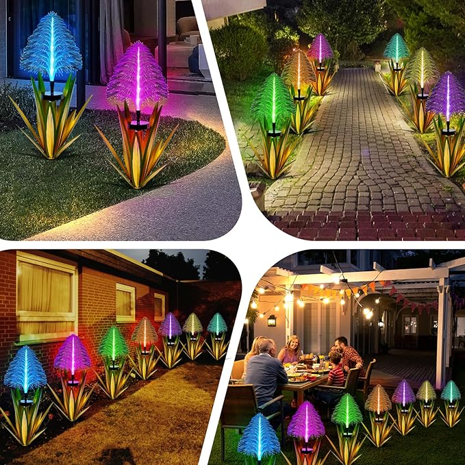 Metal Outdoor Decoration Gift Christmas Decorations Outdoor Metal Agave Yard Art Garden Lights Solar Outdoor, 7 Color Changing Garden Yard Pathway Xmas Decor Waterproof(2 pcs Light Green)