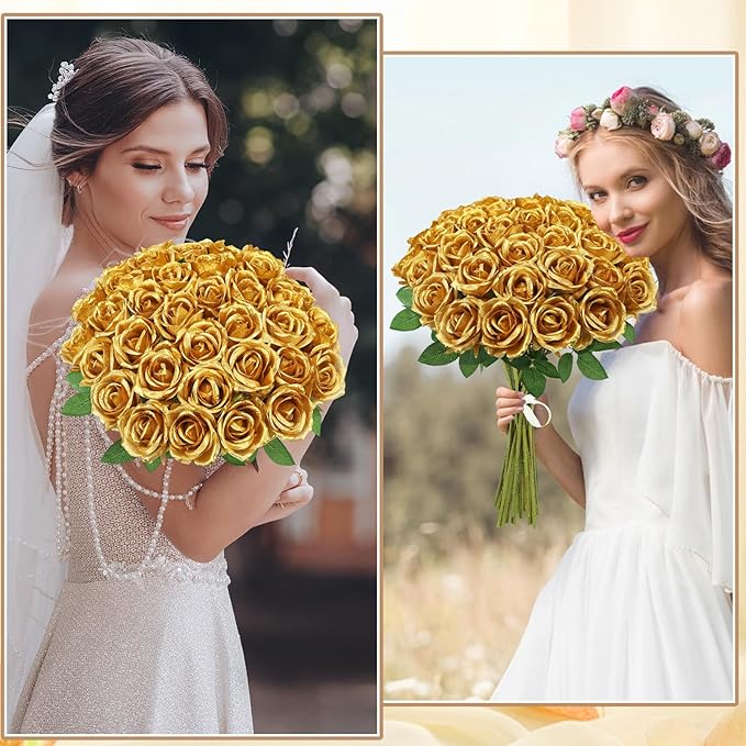 36 Pcs Gold Artificial Roses with Long Stems, Fake Silk Rose Artificial Flowers Bulk for Bridal Wedding Bouquet Centerpiece Ball Arrangement Party Decor