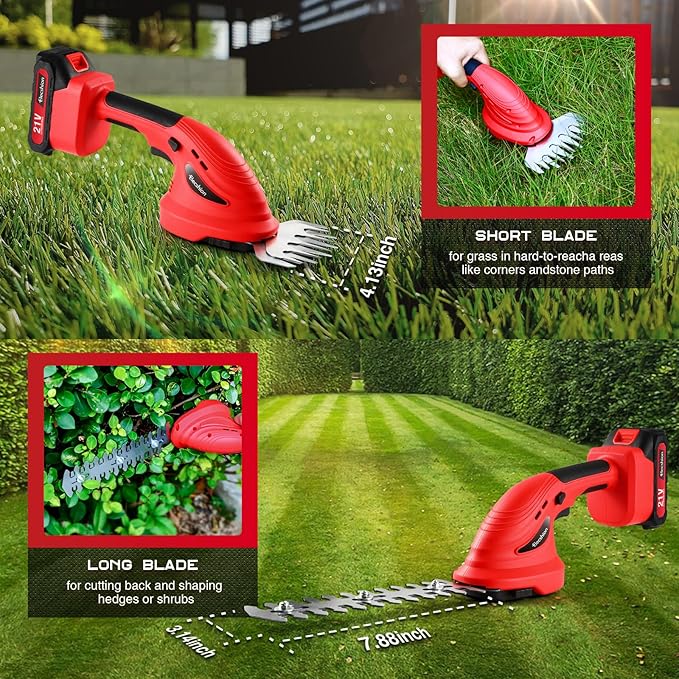 Hedge Trimmer Cordless - 1 Pack 21V Battery with Charger Powered Electric Mini Trimmers, 2 in 1 Handheld Hedge Shears + Grass Cutter Pruning Shrub Cutting Tool for Bush,Tree,Garden,Lawn,Yard