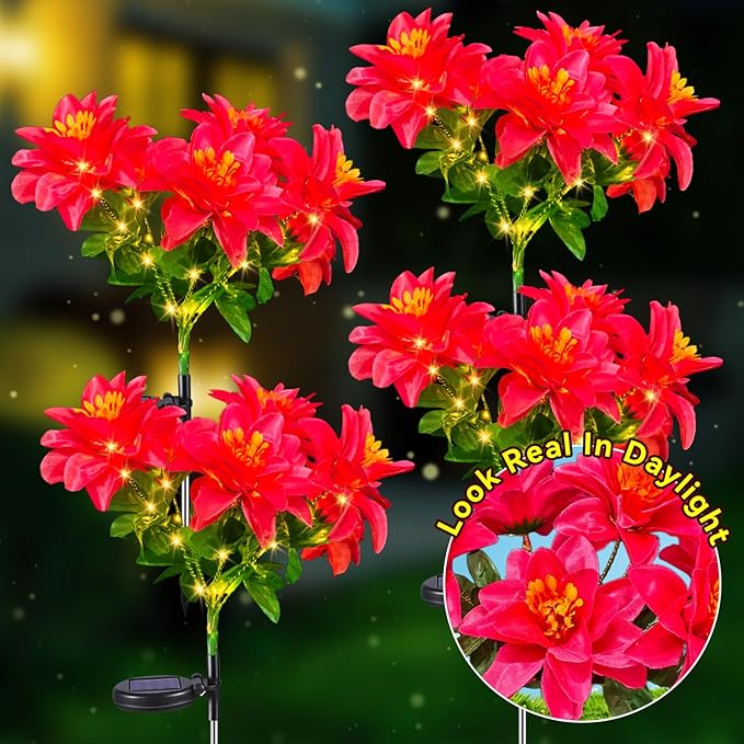 Neporal Solar Flowers Outdoor Waterproof Pink, 4PK 7-Stem Garden Solar Lights Decorative, 2 Lighting Modes, Solar Powered Garden Decor, Solar Yard Decor