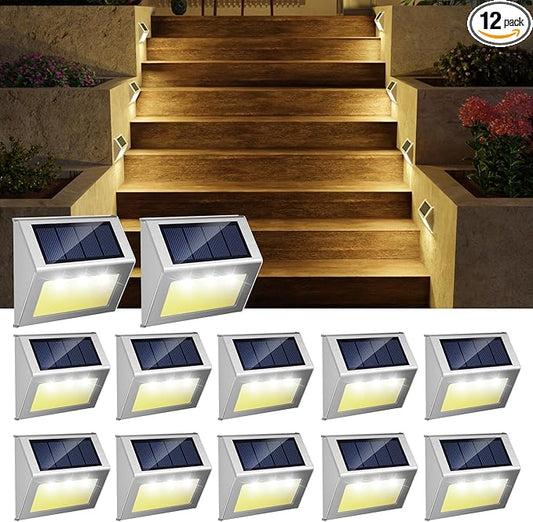 JSOT 12 Pack Solar Lights Outdoor Waterproof for Stairs Decor, Solar Deck Lights Stainless Steel Step Fence Patio Post Wall Lamp for Garden Pathway Walkway LED Lamp Light [Warm Light]
