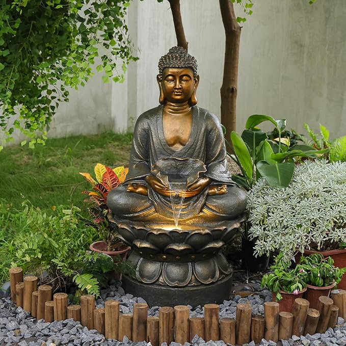 Buddha Water Fountain Outdoor Large Sitting Lotus Base Waterfall Fountains Zen Water Feature Indoor with LED Light for Garden Patio Backyard Deck Lawn Porch Balcony Home 45 inches Gold
