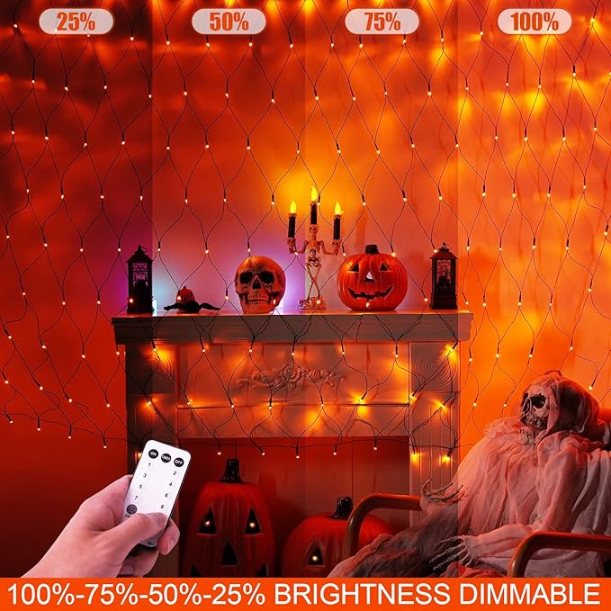 JMEXSUSS 360 LED 12ft x 5ft Halloween Net Lights - Connectable Orange Outdoor Mesh Lights With Remote, 8 Modes Plug-in for Bushes Shrubs Decorations
