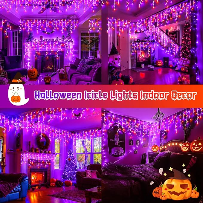 JMEXSUSS 400 LED Halloween Decor Orange and Purple Lights Outdoor, 8 Modes Orange Icicle Lights Indoor Outdoor Waterproof with Remote,Orange Halloween String Lights Plug in for Halloween Party Holiday