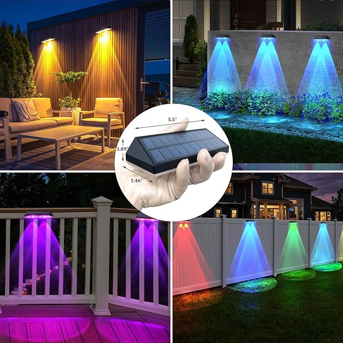 9 Pack Solar Fence Lights - Dusk to Dawn RGB Color Changing LED Lights for Outside Deck, Porch, Patio, Garden Decor