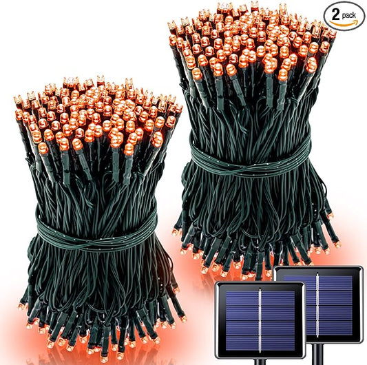Orange Halloween Lights, 2 Pack Each 75.5Ft 200 LED Orange String Lights Outdoor, 8 Modes Solar Orange Lights for Thanksgiving Yard Tree Fall Christmas Halloween Decoration