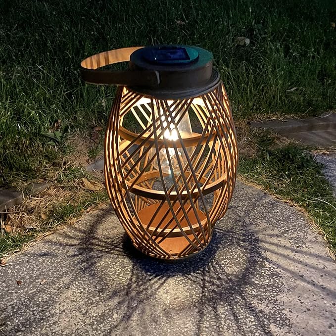pearlstar Outdoor Solar Lanterns Light Rattan Bamboo Lamp with Handle for Hanging or Table Lamp for Patio Yard Garden Wedding Home Decoration, Edison Bulb, Auto on/Off(Style2)