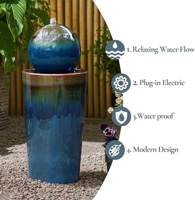 LuxenHome 30" Water Fountain Outdoor and Indoor, Glazed Blue Bubbling Sphere Ceramic Garden Outdoor Water Fountain, Elegant Modern Waterfall Garden Decor for Patio, Lawn, and Backyard