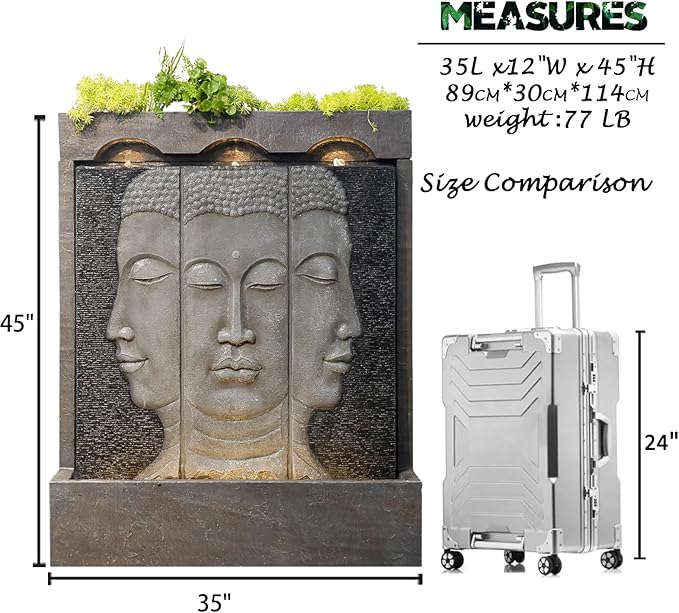 Zen Buddha Wall Fountain - Large Indoor Outdoor Waterfall Water Fountains with Planting Groove, Quiet Meditation Water Feature for Garden Patio Backyard Deck Lawn, 45 inches Tall, Gray