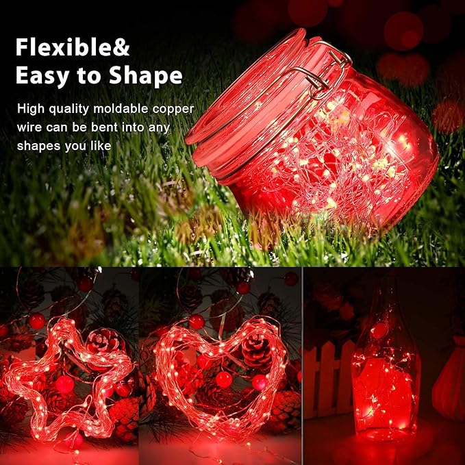 QITONG 4 Pack Red Solar Fairy Lights, Each 33ft 100 LED String Light Outdoor Waterproof, 8 Modes Silver Wire Red Outdoor Lights