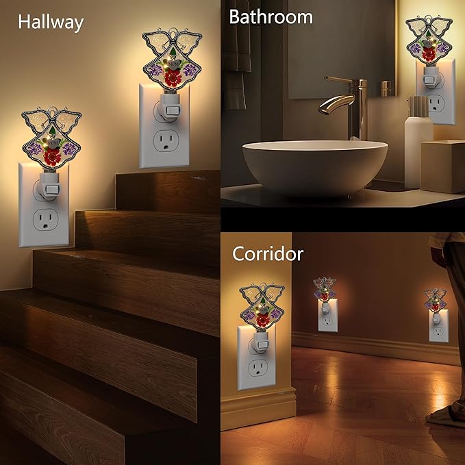 KY&BOSAM Night Light Mom Stained Glass Angel Night Lights Plug Into Wall with Real Flower in Glass and Metal Charm Night Light for Nursery Bedroom Bathroom Decorative Accent Lite Elegant Home Decor