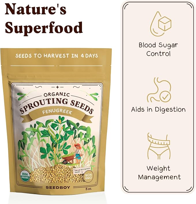 Seedboy Organic Fenugreek Seeds for Sprouting - Non-GMO, USDA Organic Microgreens Sprouting Seeds Mix - Makes 8 Quarts of Sprouts, 24 Servings (8 oz) (Fenugreek)