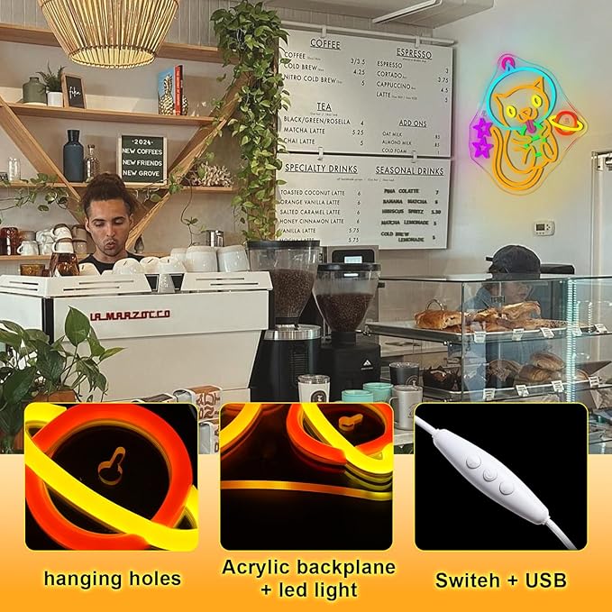 Astronaut Boba Tea Cat Neon Sign Cat Neon Lights for Wall Decor Cute Kitty with Stars Asteroids Anime Led Light Sign for Kids Bedroom Dimsum Store Cofes Bar Milk Tea Shop