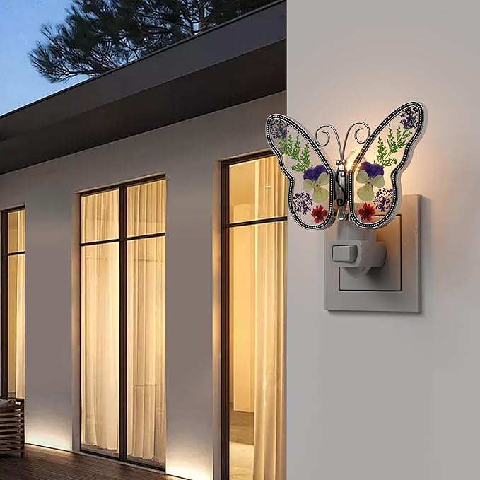 KY&BOSAM Butterfly Night Light Plug into Wall Night Lights Real Flower Glass and Metal Nightlights for Hallway Nursery Bedroom Bathroom Kids Room Kitchen Stairway Accent Elegant Themed Home Decoration