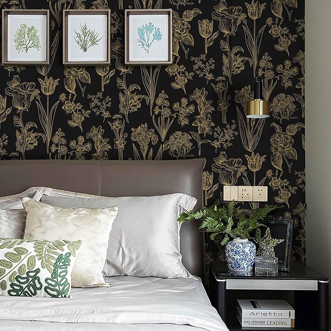 Dimoon 393"x17.3" Floral Wallpaper Peel and Stick Flowers Golden Black Contact Paper Thicken Waterproof Modern Self Adhesive Plants Wallpaper Removable Wall Paper Shelf Vinyl Roll