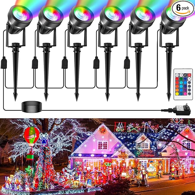 RGBW Color Changing Landscape Lighting,12V Low Voltage Landscape Lights Spotlights with Transformer Remote Control Decorative for Garden, Yard, Lawn, Pool, 44ft Cable(6-in-1)