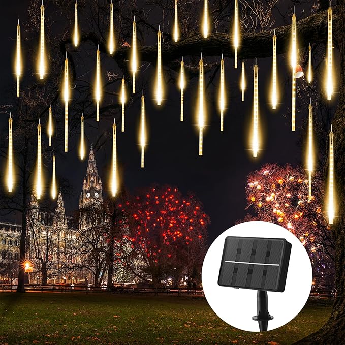 Solar Meteor Shower Lights Outdoor - 576 LED Rain Drop Lights with 16 Tubes, 16 Inches - Solar Powered Christmas Decorations for Tree Bushes Holiday Party Christmas Decor, Warm White