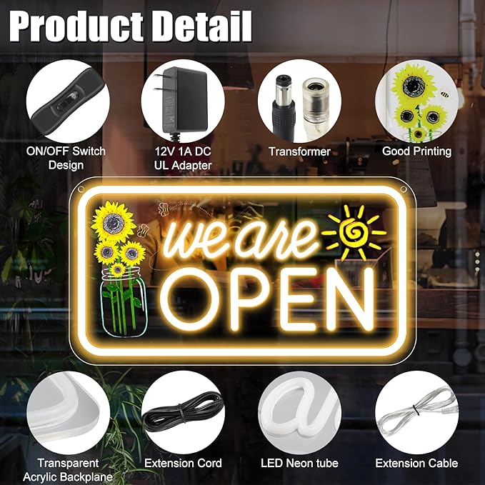 Neon We Are Open Signs for Business, 16.5x9'' Open Sign with Printed Flower and Sun, with ON/OFF Switch & Adapter, Warm White, Ideal for Window, Party, Wall, Bars, Coffee Shops, Salons, Clubs, Hotels