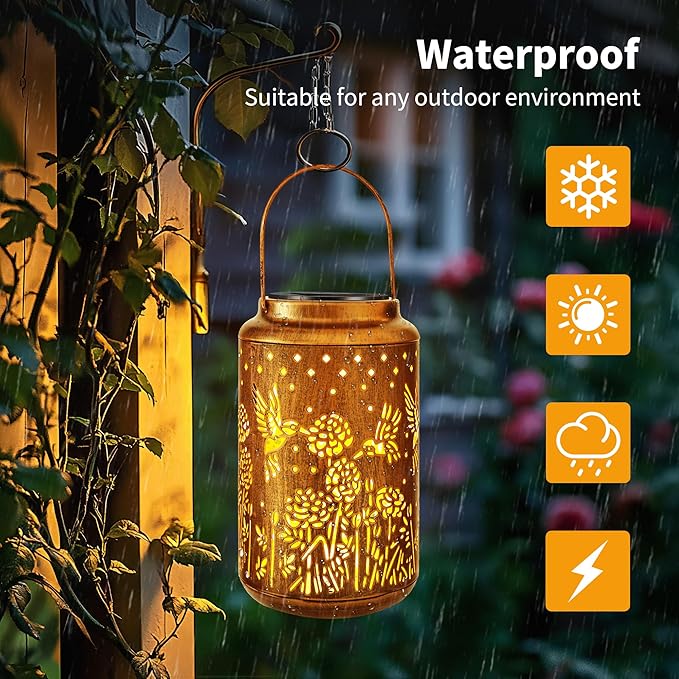 ODEETRONIC Hummingbird Solar Lantern Lights - Outdoor Waterproof Hanging Lanterns, Solar Garden Lights Birthday Gifts for Women Mom Grandma, Metal Hummingbird LED Lanterns for Garden Yard Patio Decor