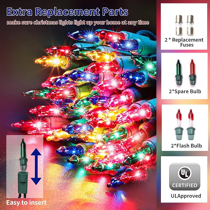 Ultra-Bright Connects End to End Multi Christmas Mini Lights 100L 19.6Ft UL Listed Incandescent Bulb String Light Set for Indoor Outdoor Holiday Garden Party Christmas Tree Garland Decor