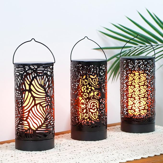 TRIROCKS Set of 3 LED Cordless Metal Lantern with Timer 7" H Moving Flame Lamp Battery Operated Breathing Lamp Floral Hollow LED Hanging Lighting for Indoor/Outdoor Patio Garden Party Gift