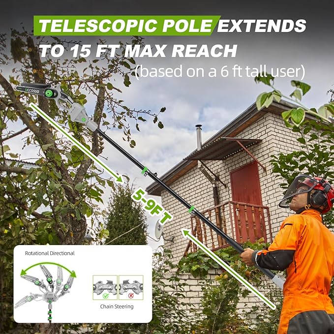 3-in-1 Electric Pole Saws for Tree Trimming 6&8" Mini Chainsaw Cordless with Extension Pole, 850W Brushless Motor,Auto Oiling,Total Reach of Max 15ft, Pole Saw for Home & Garden & DIY