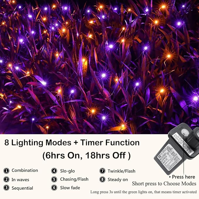 Joomer 12ft x 5ft 360LED Orange Purple Halloween Net Lights Outdoor Mesh lights, 8 Modes Timer Connectable Waterproof Bush Lights Mesh Netting Lights for Halloween Outdoor Decorations (Green Wire)