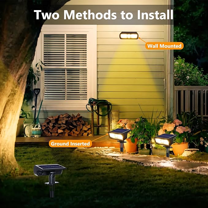 Toodour Solar Spot Light Outdoor, 2 Pack Solar Lights Outdoor with 2 Modes, Waterproof Solar Powered Flood Lights Landscape Lighting for Yard Garden Home Pathway Walkway Outdoor Decor - Warm White